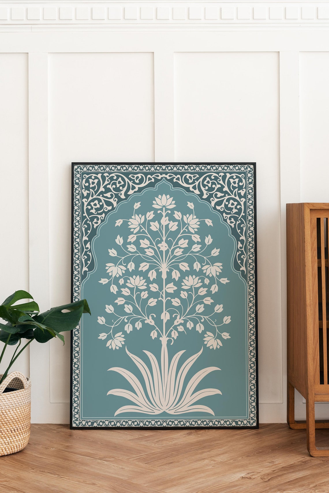 Teal Mughal Floral Tree Arch Indian Palace Botanical Art Poster - Image 2