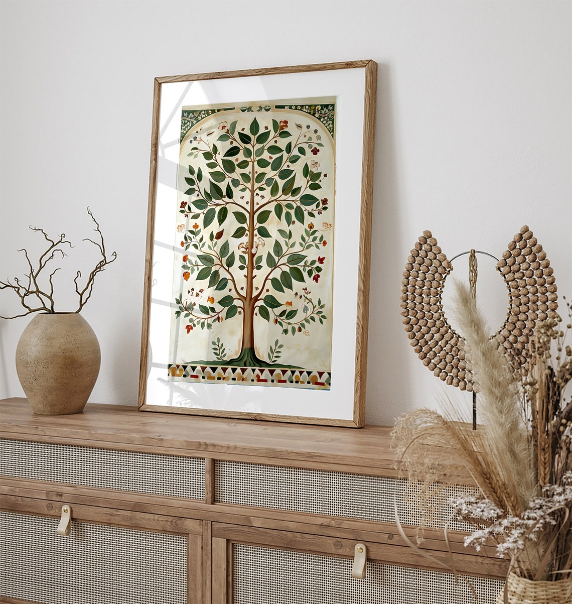 Green Tree of Life Delicate Blossoms Arched Border Folk Style Poster - Image 3