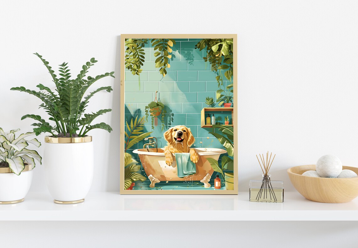 Funny Golden Retriever Bath Time Dog Bathroom Painting Wall Art - Image 3