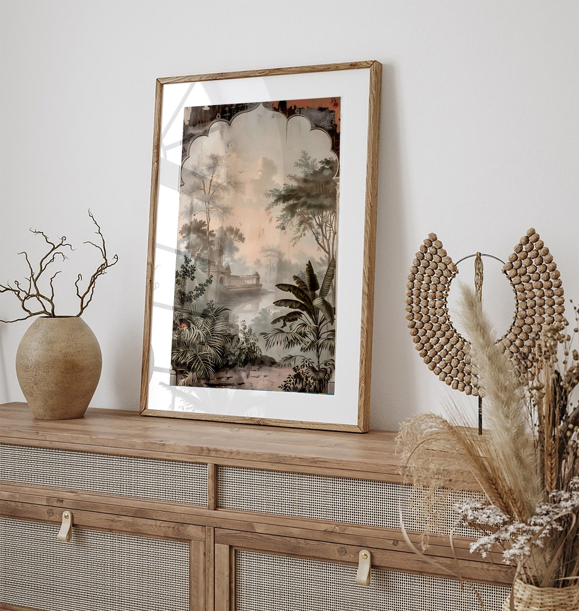 Misty Indian Palace Riverside Sepia Tropical Foliage Scalloped Poster - Image 3