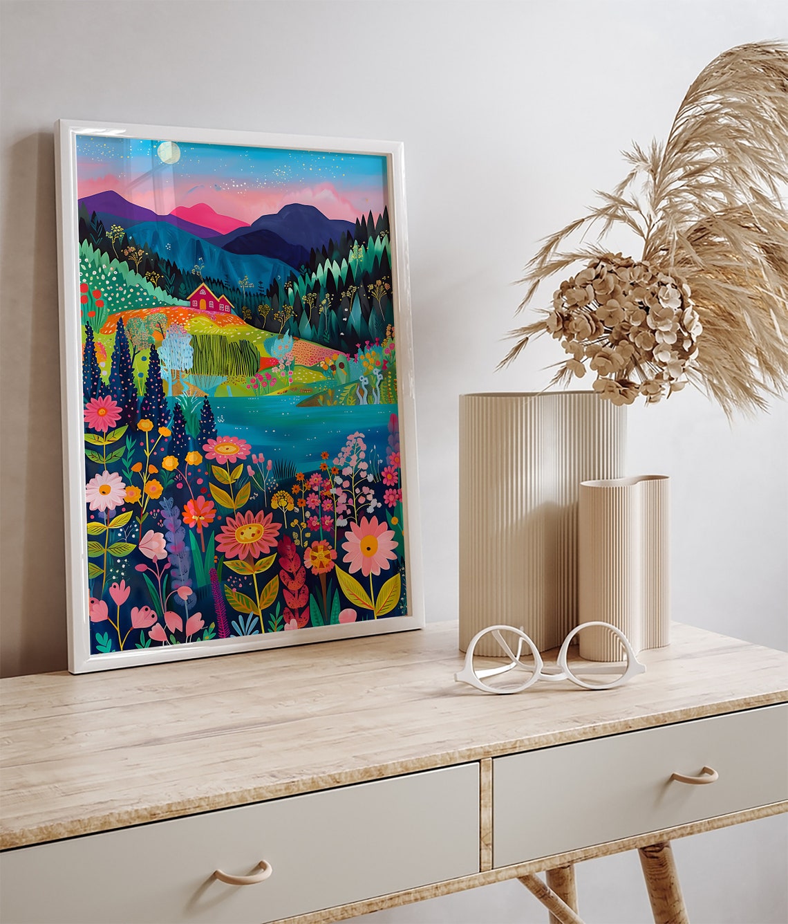 Pink House Hillside Lake Meadow Sunset Mountain Floral Art Poster - Image 3