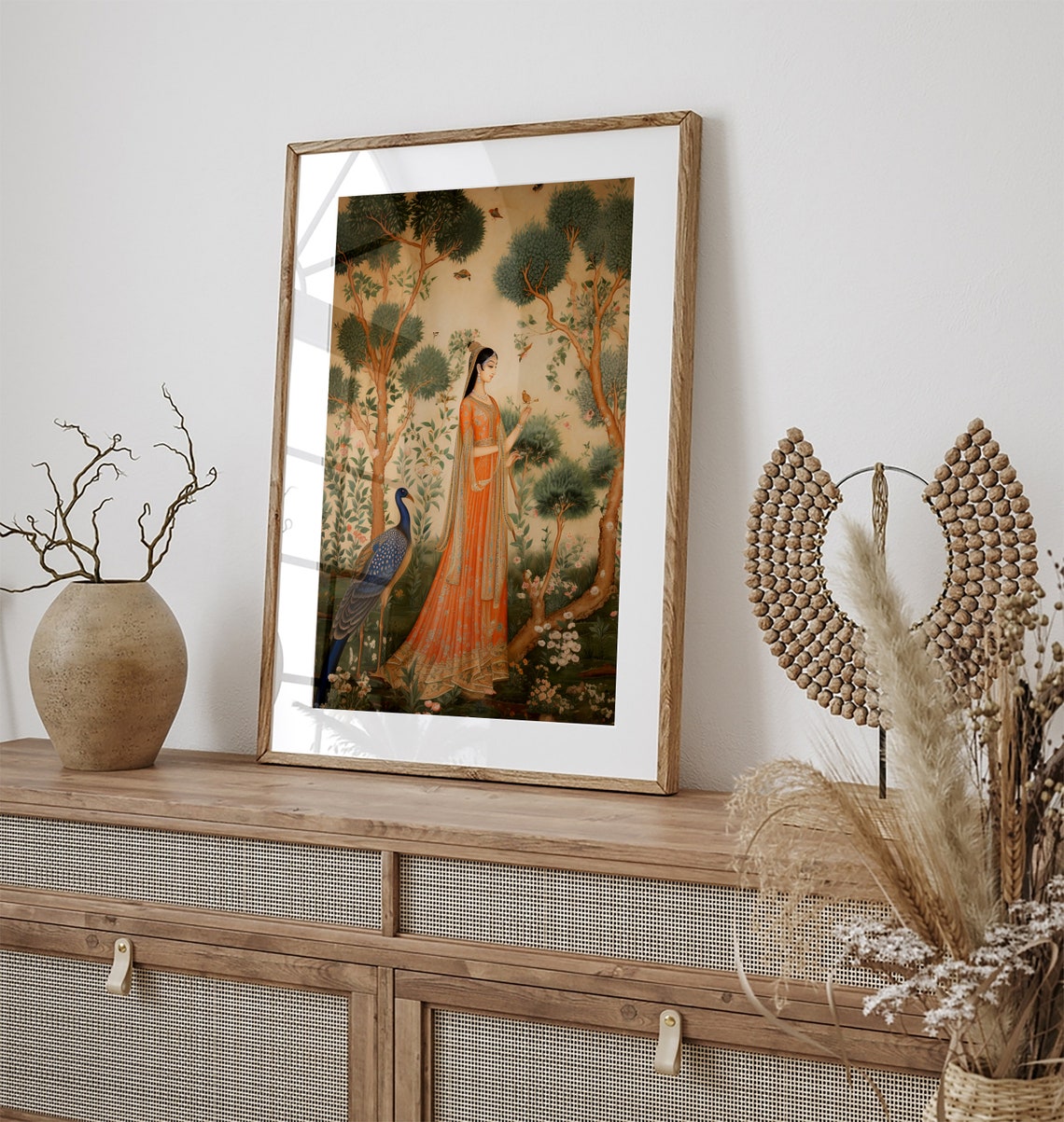 Indian Royal Princess Forest Peacock Mughal Miniature Art Poster - Image 3