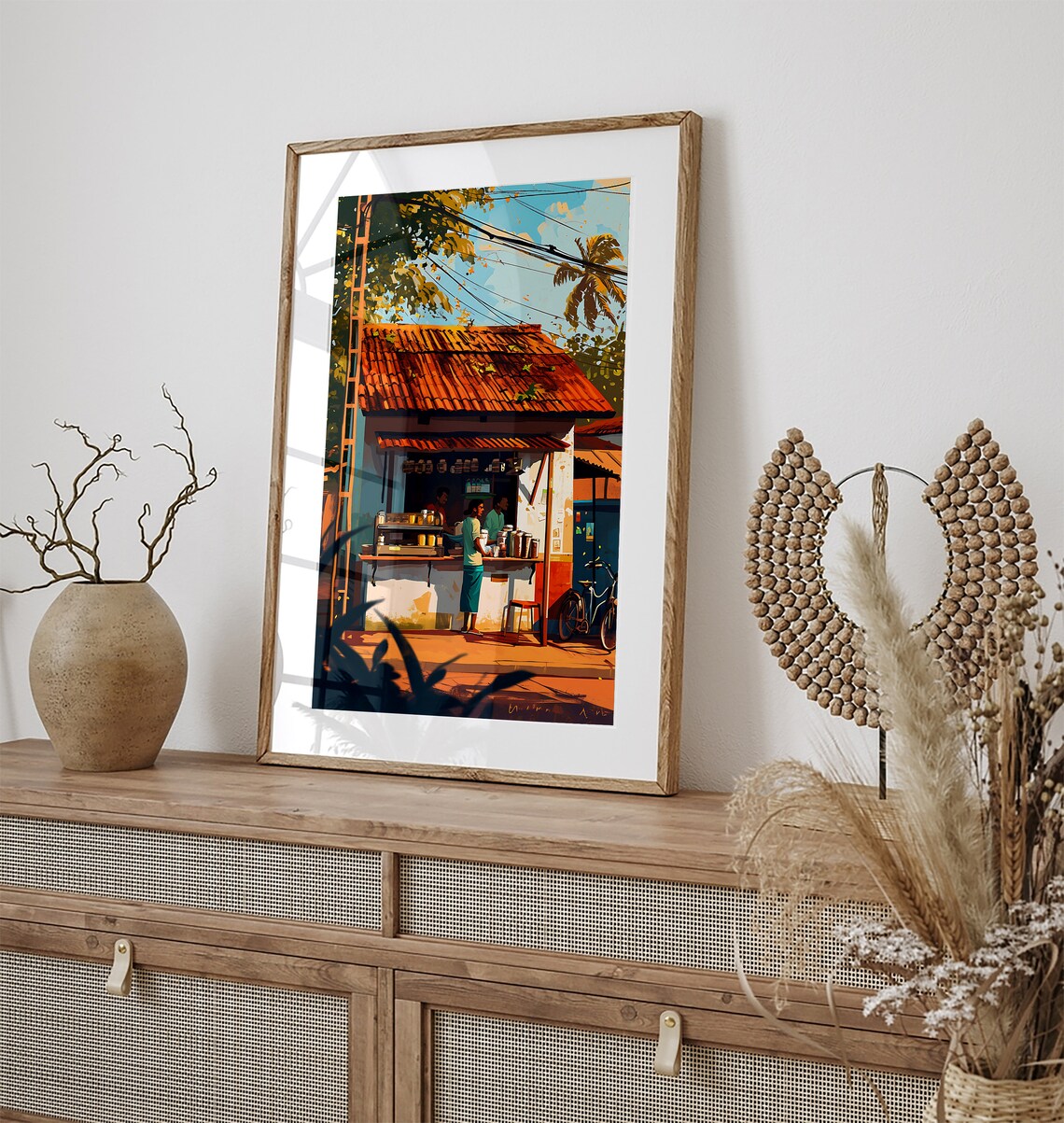Kerala Chai Shop Art Print, Tropical Village Decor - Image 2