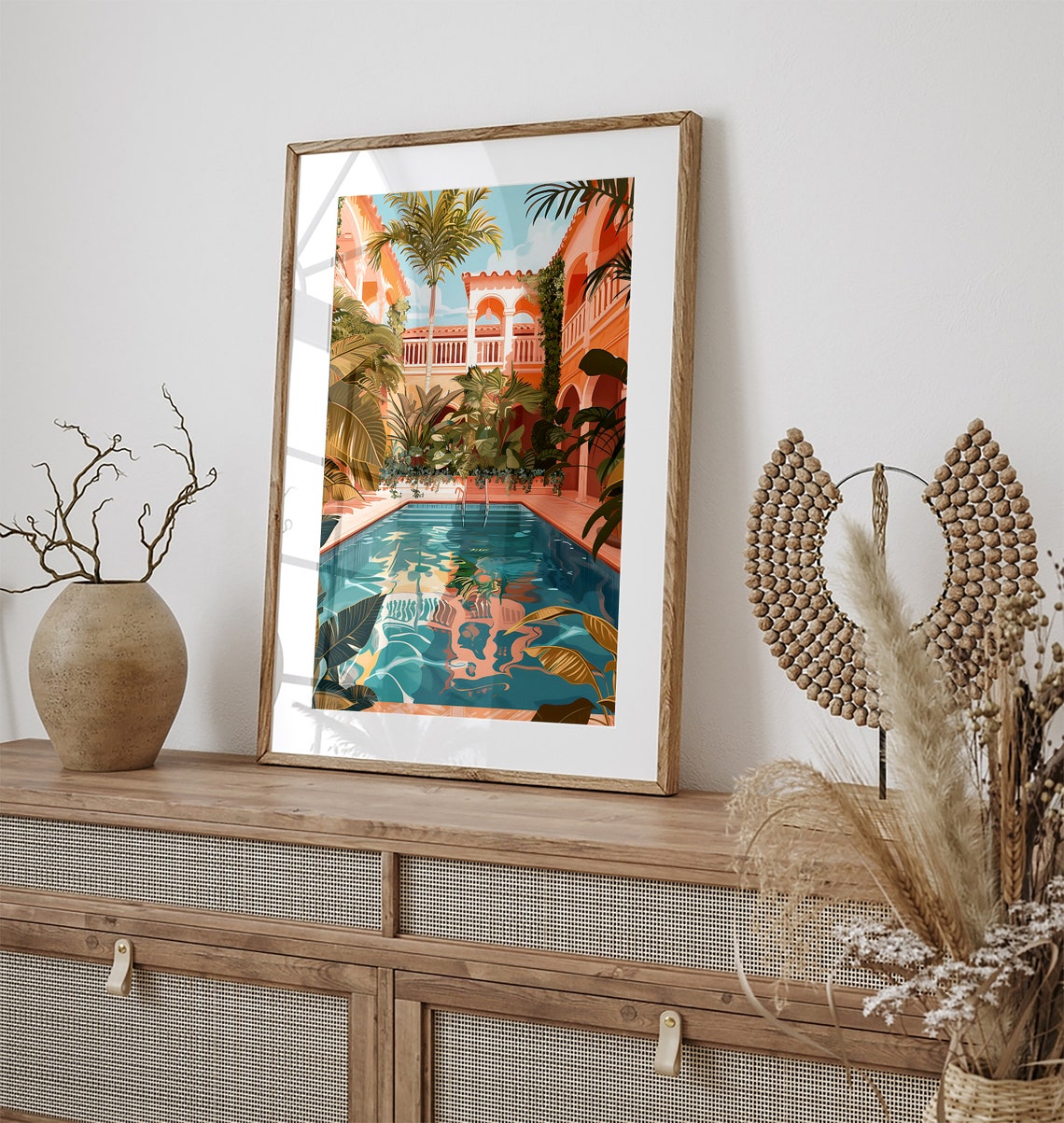 Marrakech Riad Courtyard Pool Painting Tropical Palm Travel Wall Art - Image 3