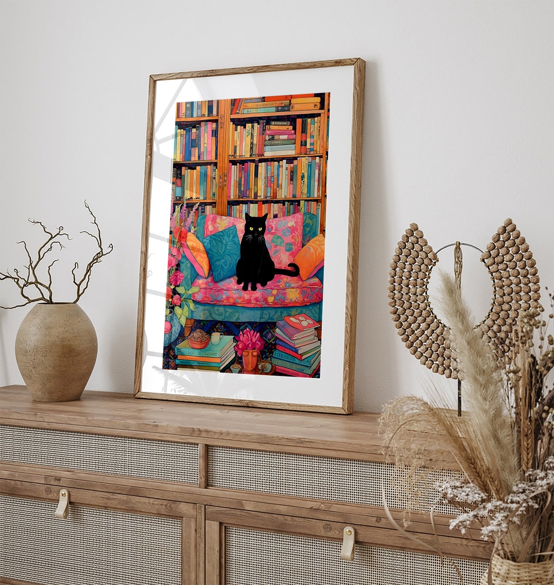 Black Cat in a Colorful Maximalist Library Full of Books Poster - Image 2