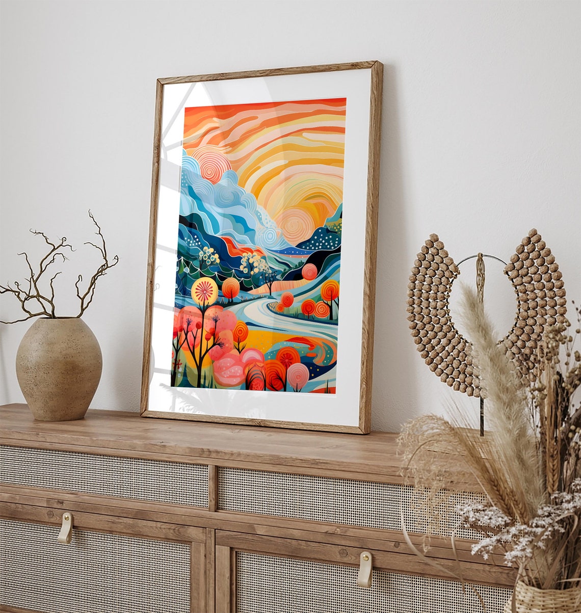 Colorful Abstract Mountain Valley Patchwork Sunset Floral Art Poster - Image 3