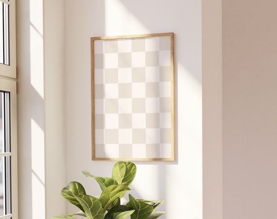 Checkered Wall Art Beige Checker Art Print Preppy Beige Wall Art Retro Funky Poster Trendy Checkerboard Poster Beige Neutral