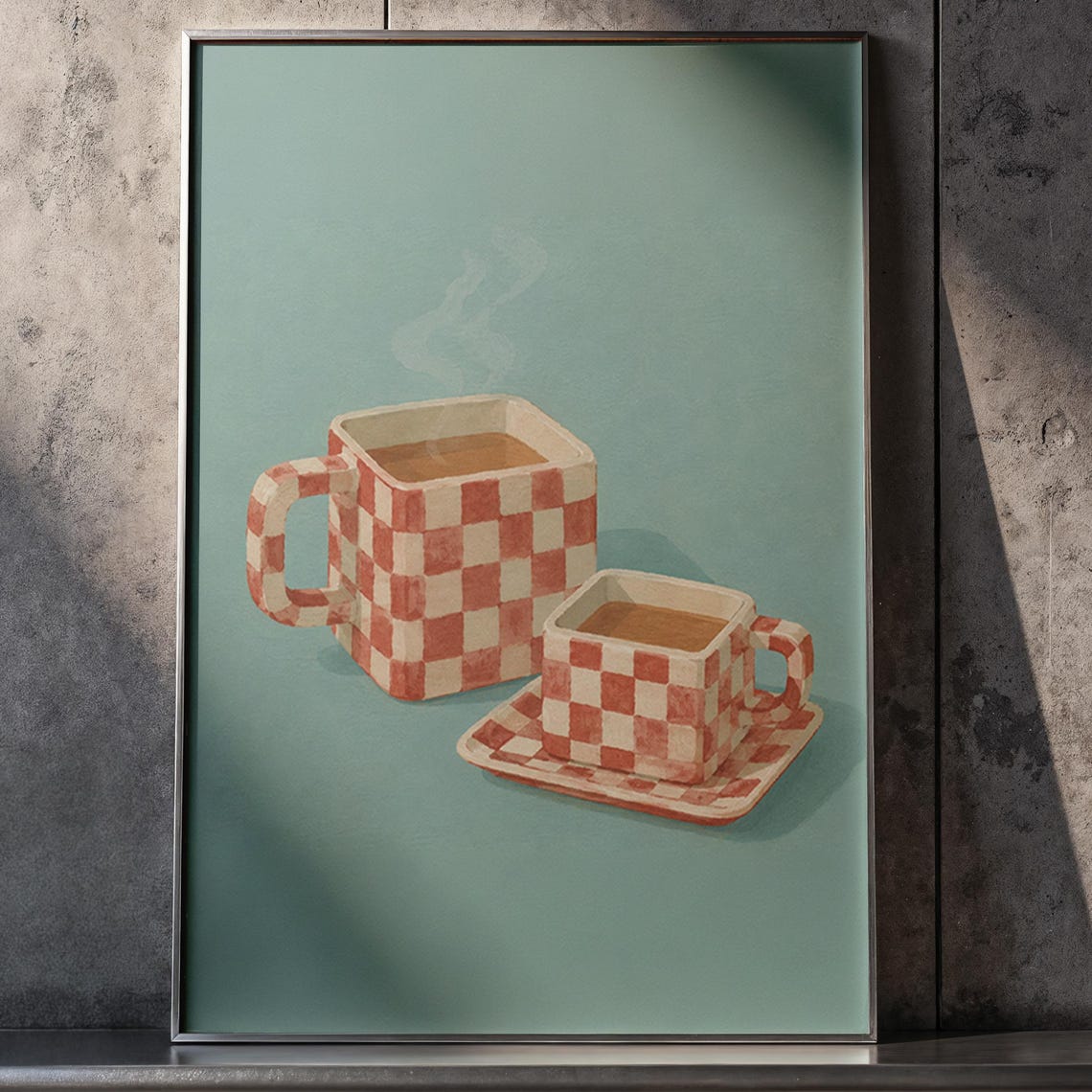Checkered Red Blue Coffee Cups Retro Kitchen Still Life Poster