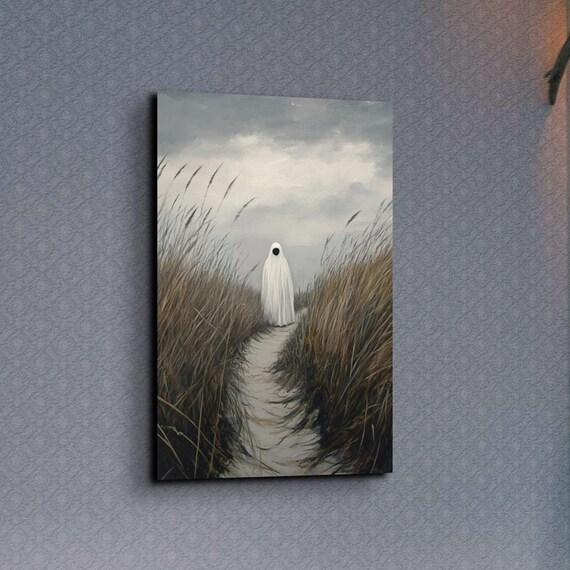 Lone Ghost Walking a Windswept Beach Dune Path Under Cloudy Sky Poster
