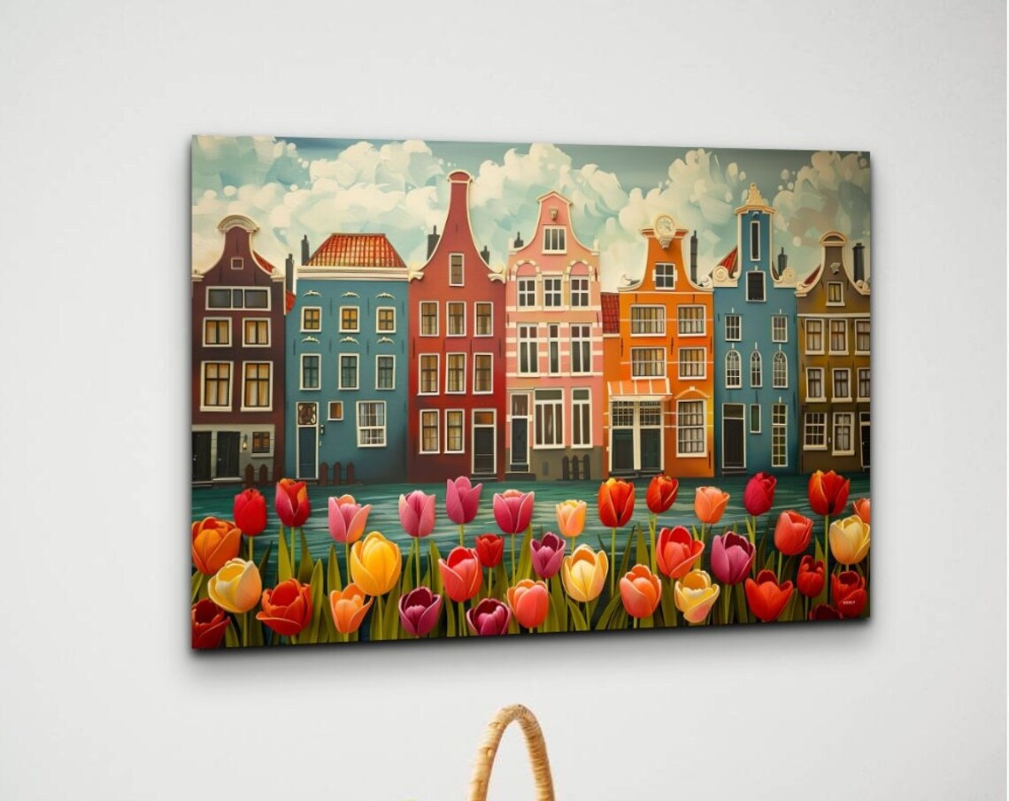 Amsterdam Canal Houses with Colorful Tulips Flower Painting Wall Art