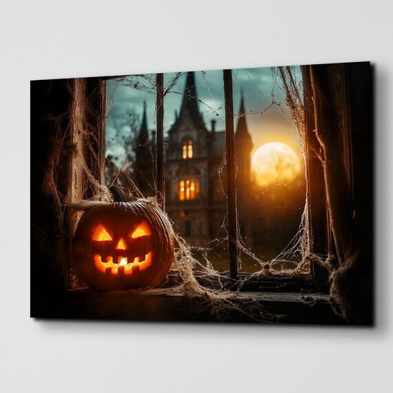 Carved Pumpkin Lantern on Window Sill With Haunted House at Night Poster