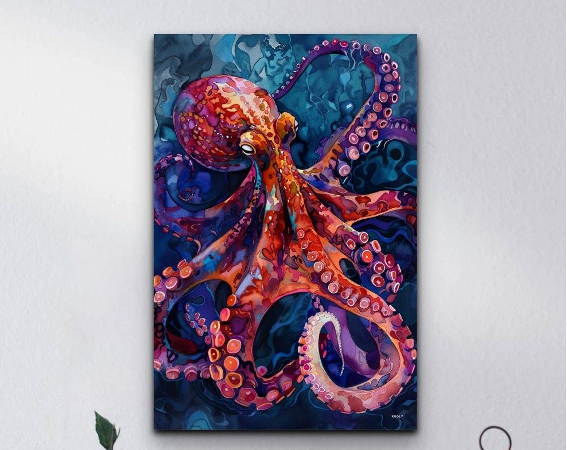 Vibrant Red Octopus With Curling Tentacles Deep Blue Water Poster