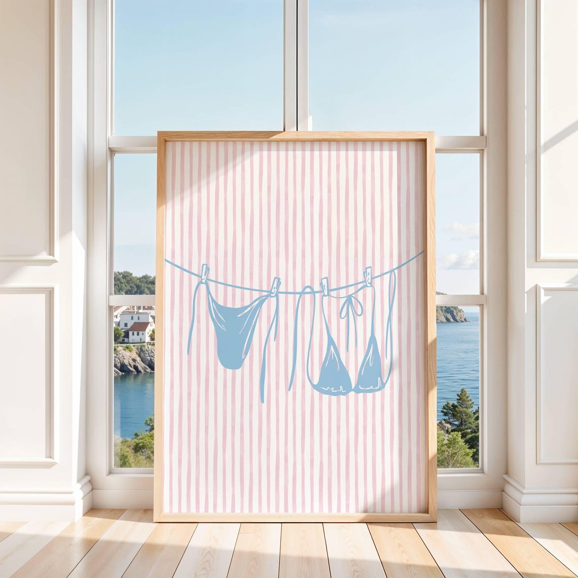 Blue Bikini on a Clothesline Pink Striped Beach Summer Art Print