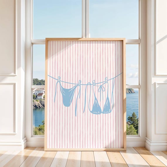 Pink And Blue Striped Bikini Cute Summer Wall Art Coquette Beach Print For Dorm Or Bedroom Preppy Decor