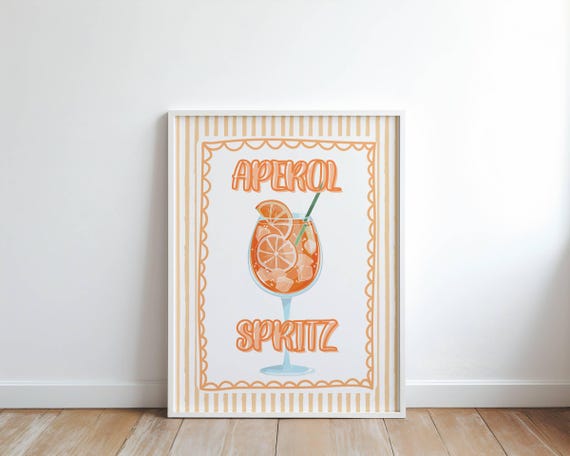 Aperol Spritz Wall Art Print Orange Striped Cocktail Cute Girly Kitchen Bar Decor Coquette Summer