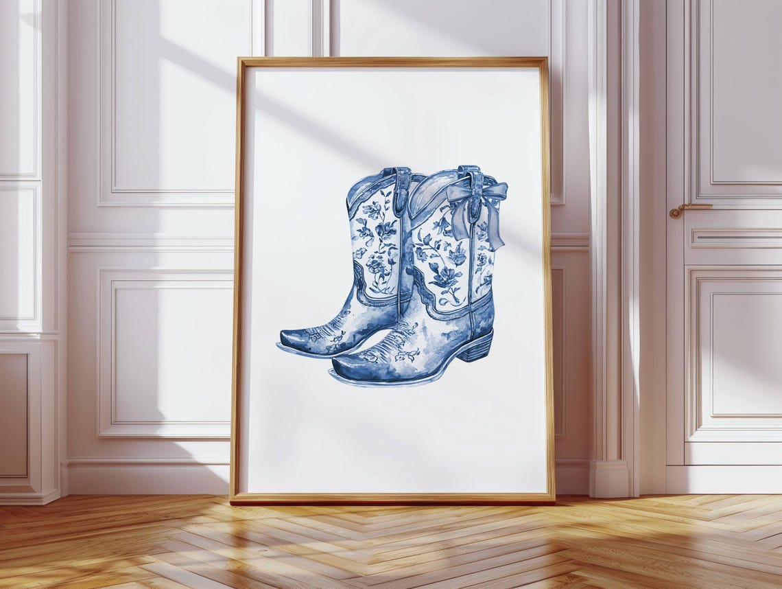 Blue Floral Cowboy Boots Watercolor Western Bow Detail Art Poster