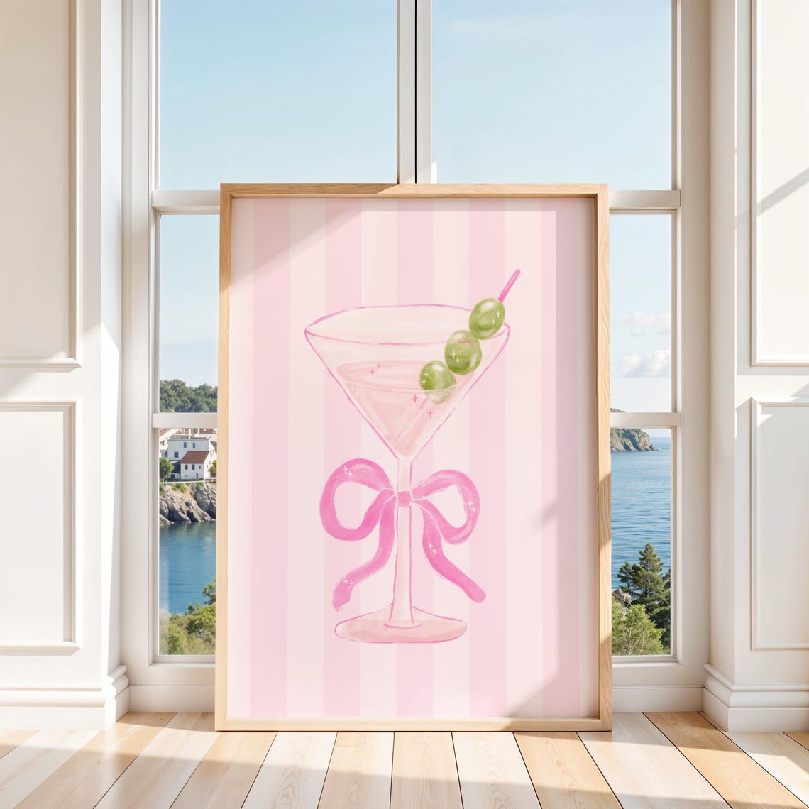 Pink Martini Cocktail with Bow and Olives Girly Bar Cart Print