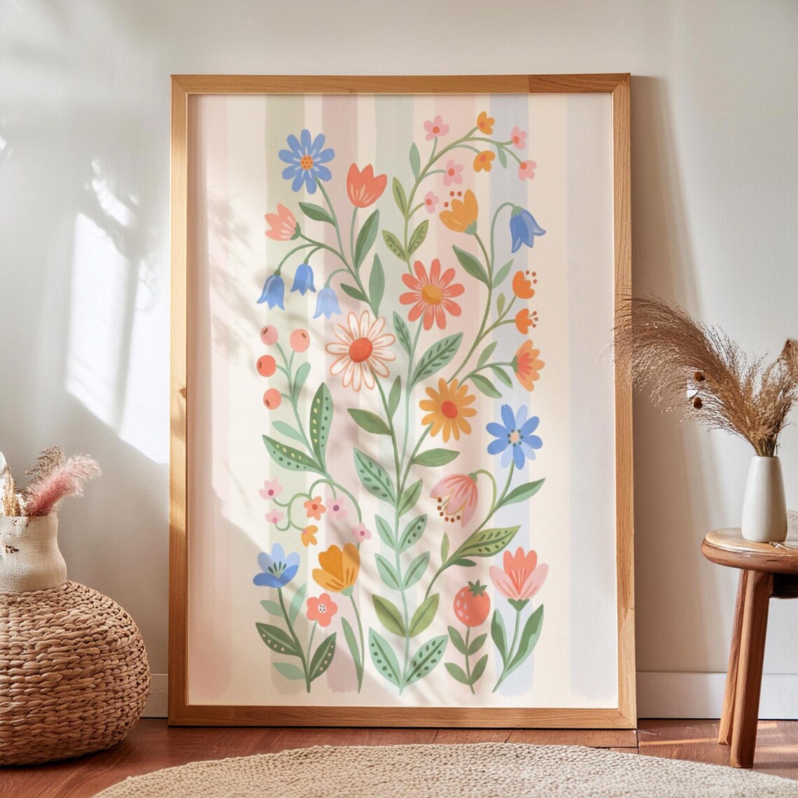 Striped Floral Poster, Whimsical Nursery Decor