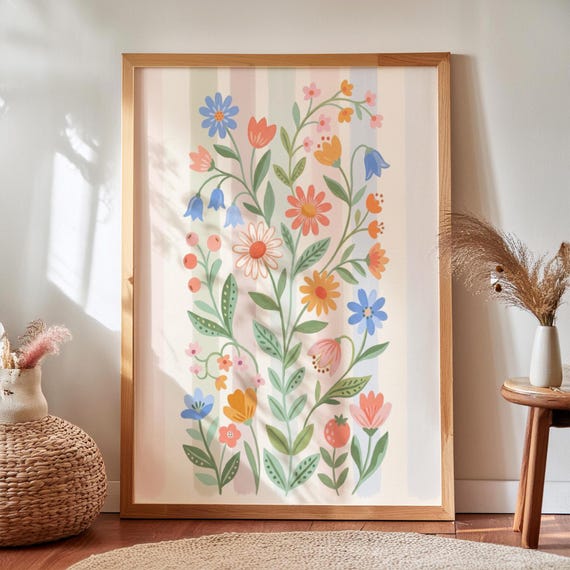 Striped Floral Poster, Whimsical Nursery Decor