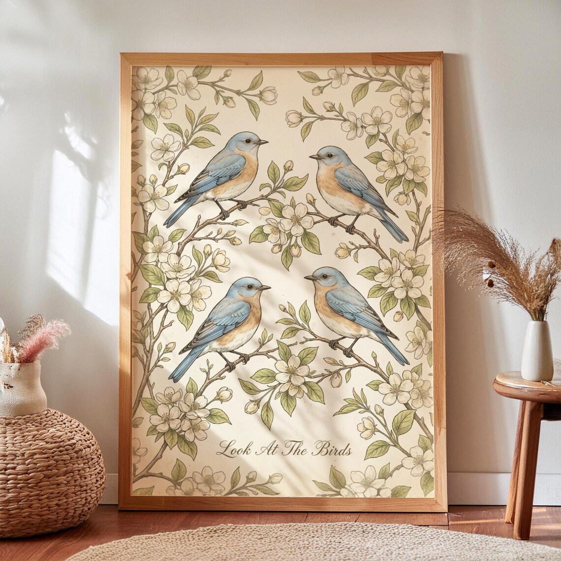 Bible Verse Print, Vintage Floral Birds Folk Art