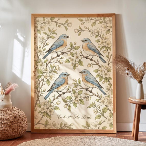 Bible Verse Print, Vintage Floral Birds Folk Art