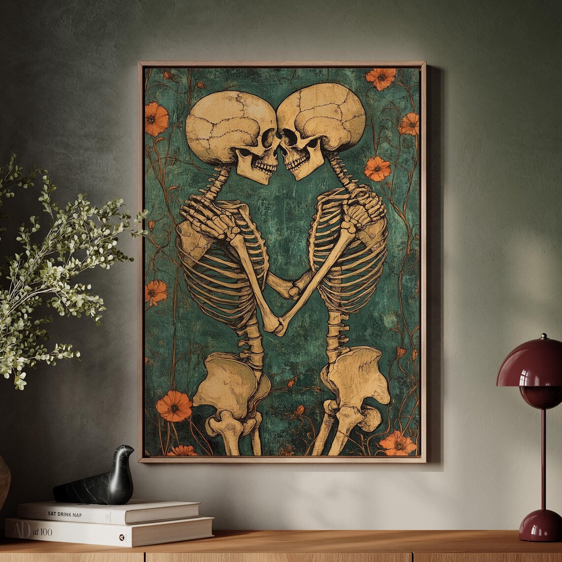 Kissing Skeletons Gothic Romance Halloween Skeleton Art Poster