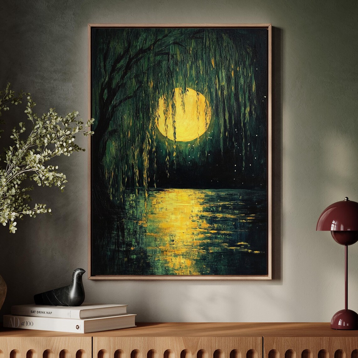 Mystical Moonlit Willow, Tranquil Forest Night Art Print