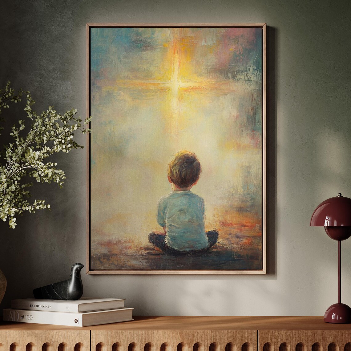 Child Gazing at a Radiant Cross Shining in a Golden Sky Poster