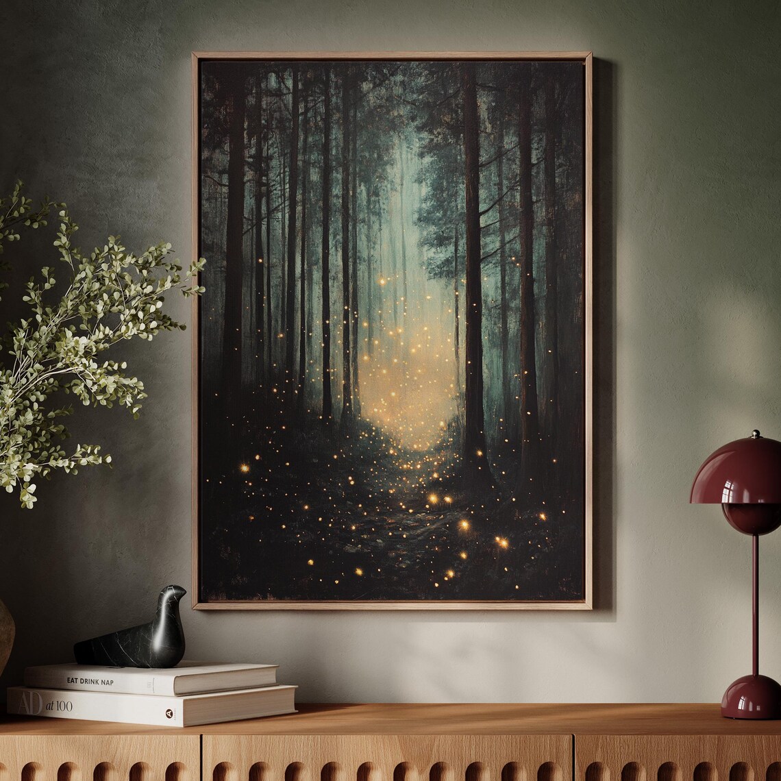 Enchanted Forest With Fireflies Art Print