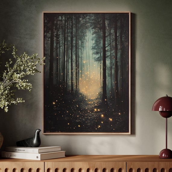 Enchanted Forest With Fireflies Art Print