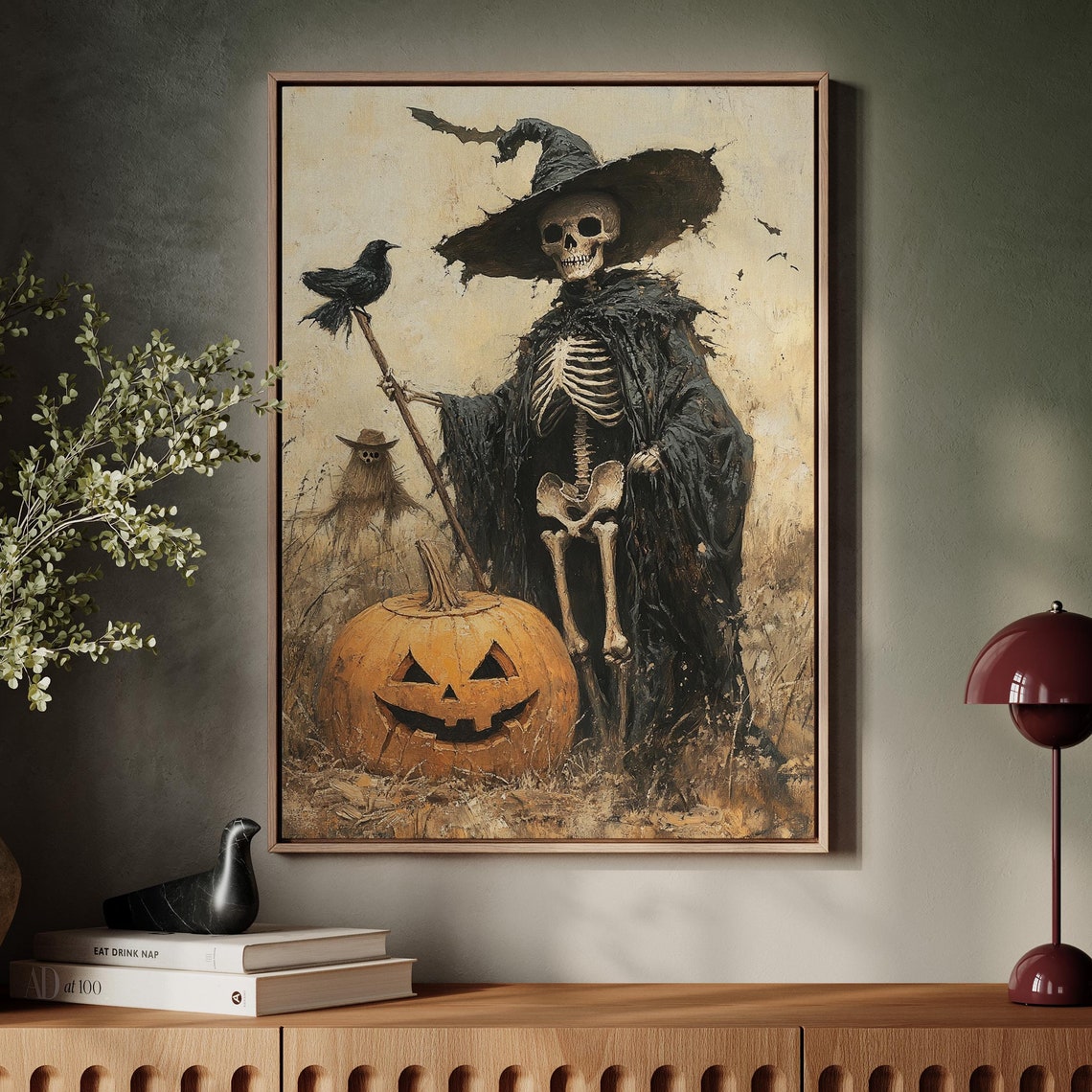 Skeleton Witch Crow Pumpkin Rustic Halloween Oil Painting Poster