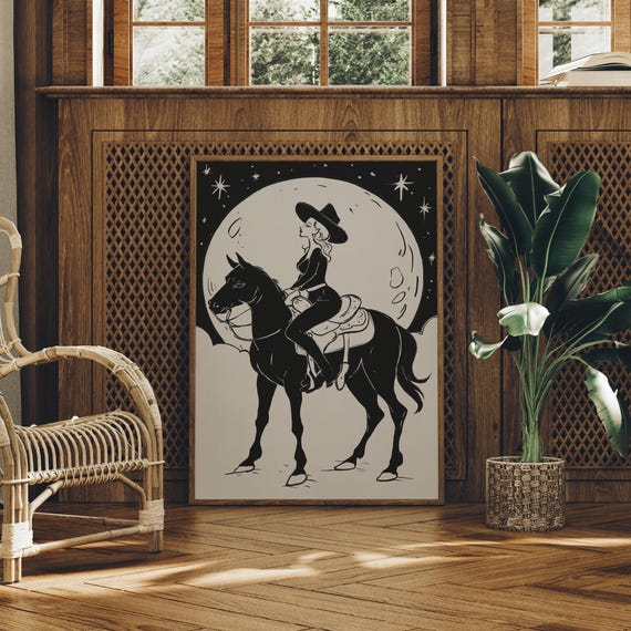 Cowgirl Moonlight Ride Black And White Art