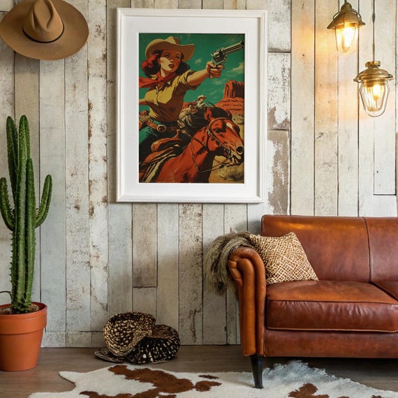 Cowgirl Gunfight Western Vintage Style Art