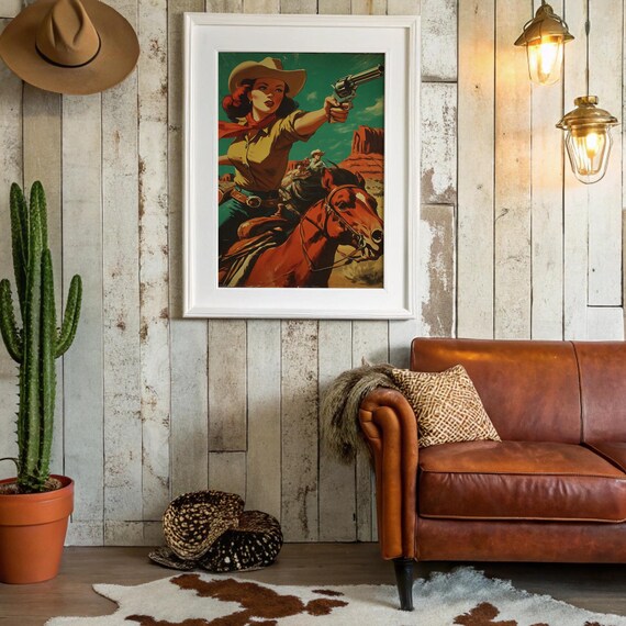 Vintage Cowgirl Revolver Horseback Desert Shootout Western Poster
