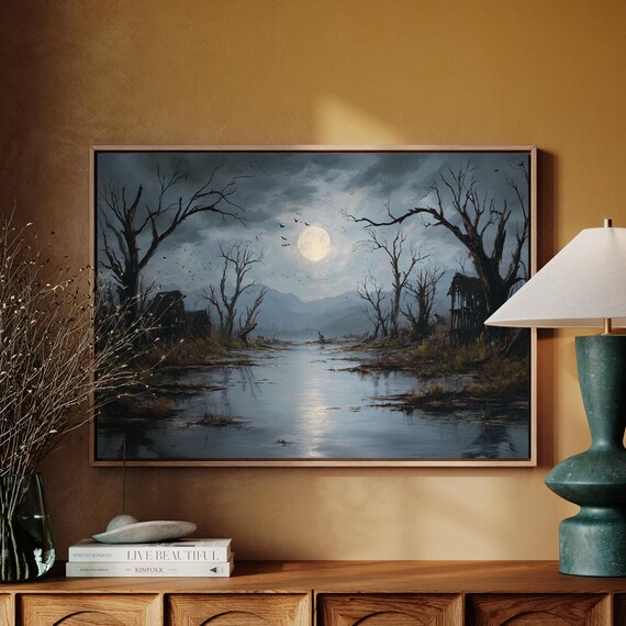Haunted Swamp Under Full Moon Spooky Misty Marsh Landscape Poster