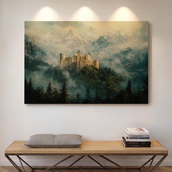 Medieval Castle on a Hill Above Mist with Snowy Mountain Peaks Poster