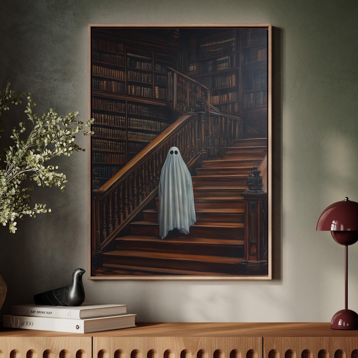 Vintage Haunted Library Ghost On Staircase Art Print