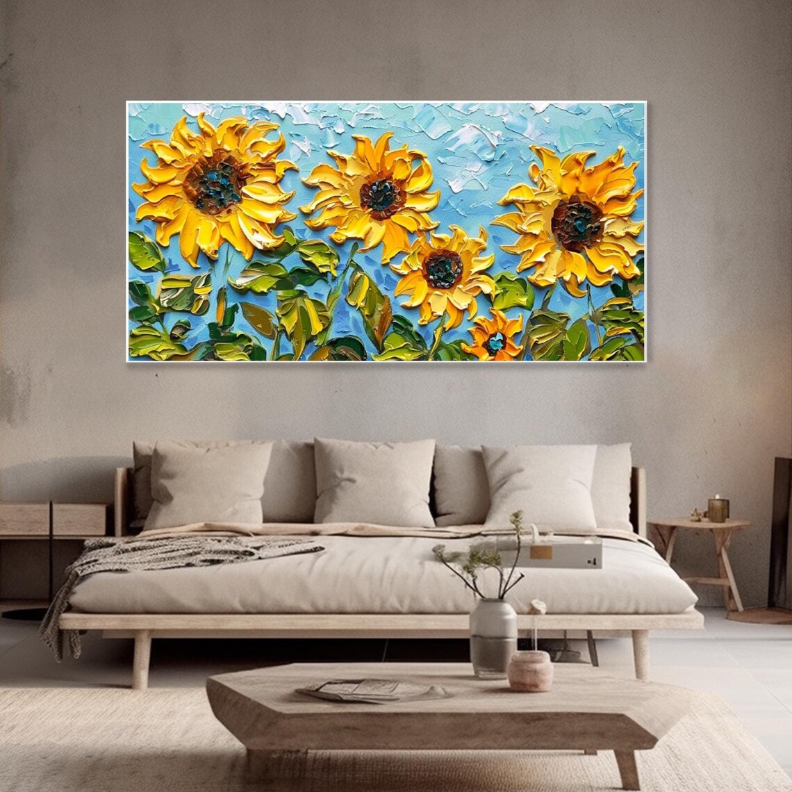 Sunflower Field Oil Painting Yellow Blooms Blue Sky Impasto Poster