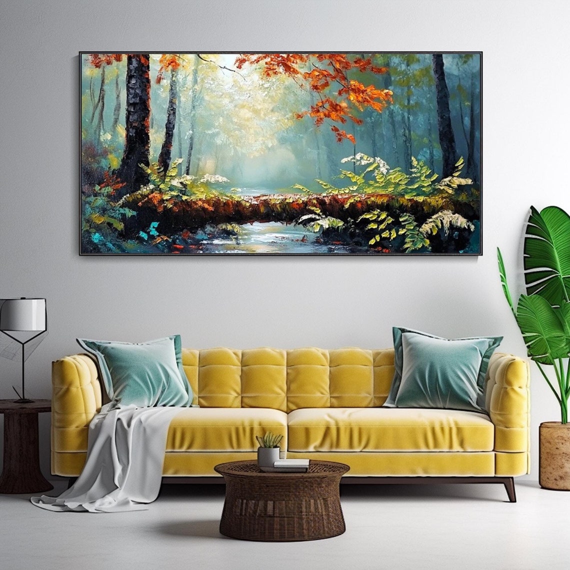 Misty Forest Stream Oil Painting Autumn Trees Ferns Light Poster