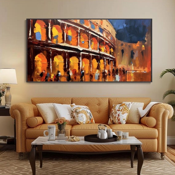 Ancient Rome Colosseum Twilight Landscape Oil Painting Vintage Historical Architecture Painting Night Figures Artwork Room Decor Gift