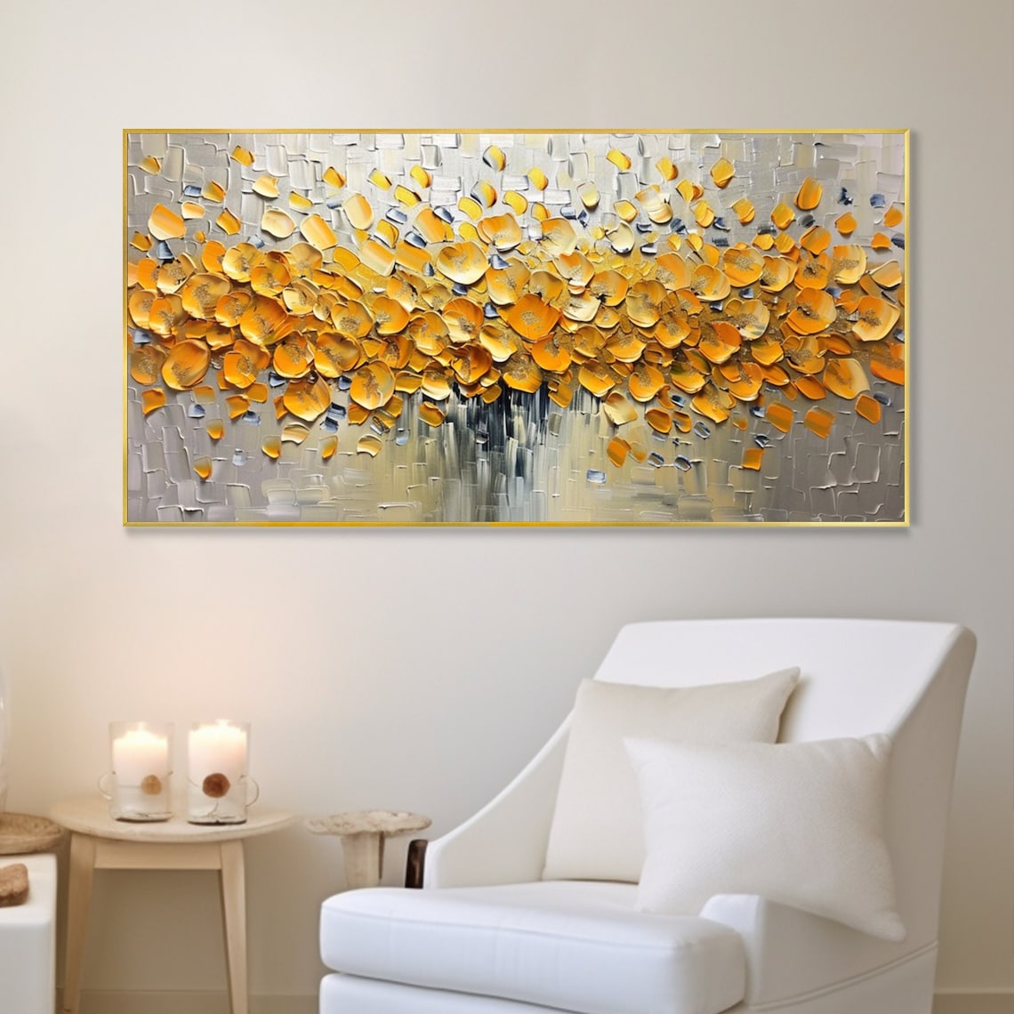 Golden Petals Abstract Oil Painting Silver Background 3D Art Poster