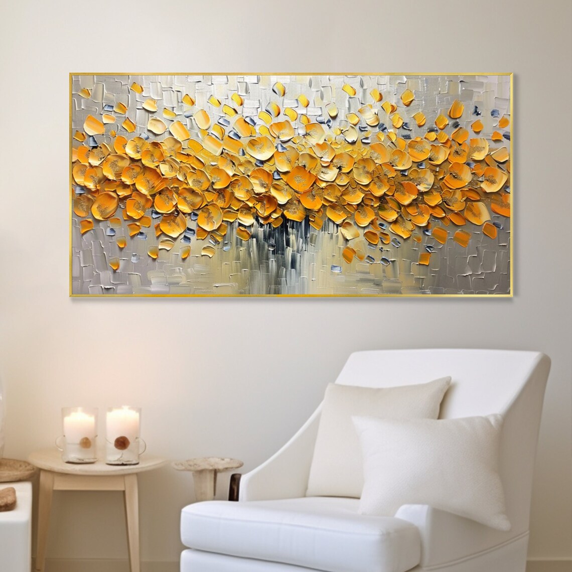 Original 3d Textured Floral Oil Painting Autumn Golden Leaf Wall Art Bouquet Plant Wall Art Calm Painting Living Room Deco Housewarming Gift