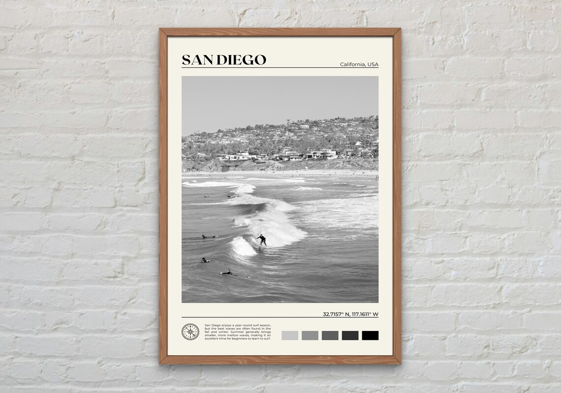 Black and White San Diego Travel Poster, California