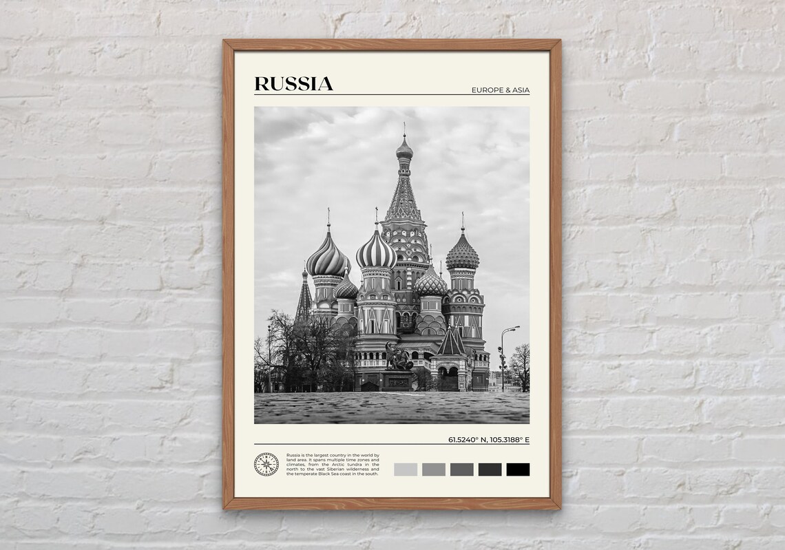 Russia Black and White Travel Poster, Moscow Europe Asia