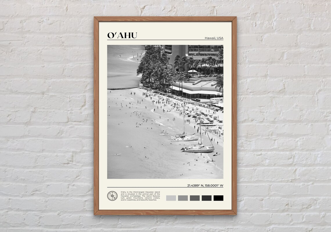 Black and White Oahu Travel Poster, Hawaii Art Print