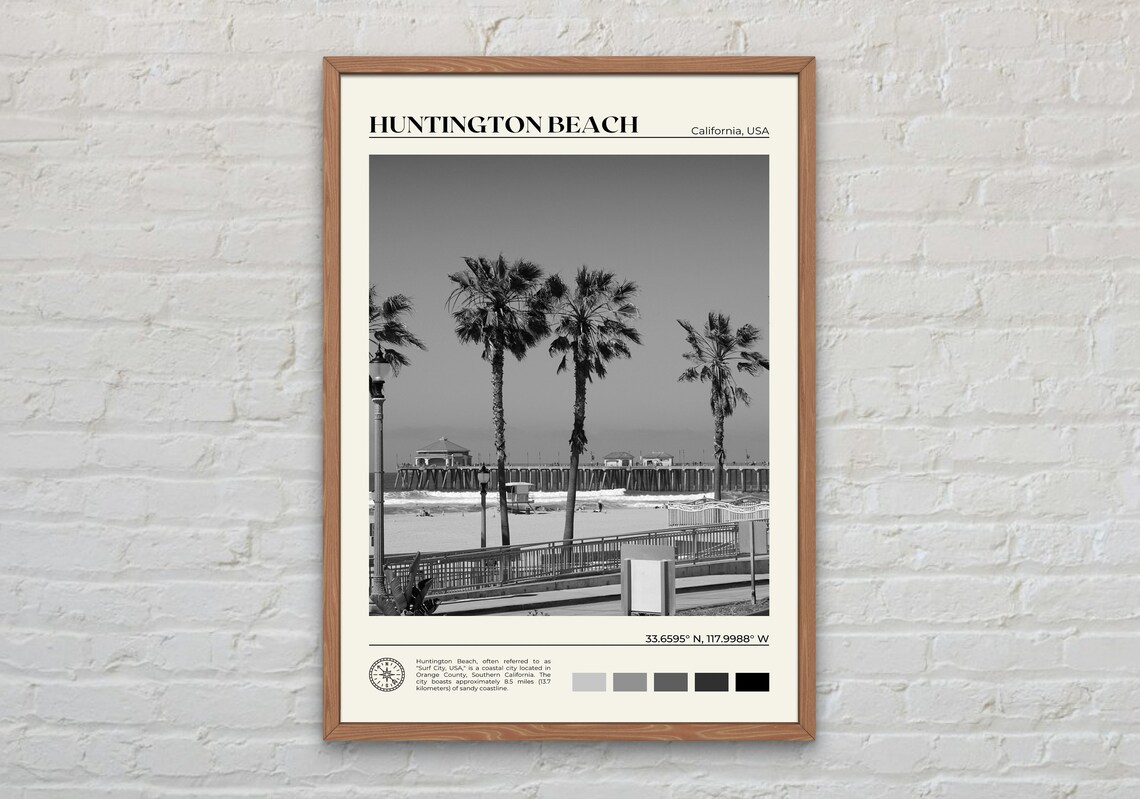 Huntington Beach Black And White Photo Art Print