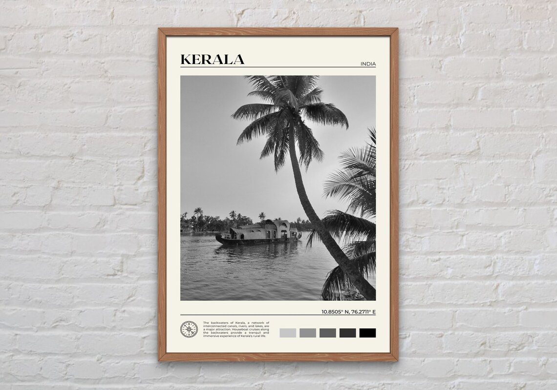 Kerala Black And White Travel Poster Print, India