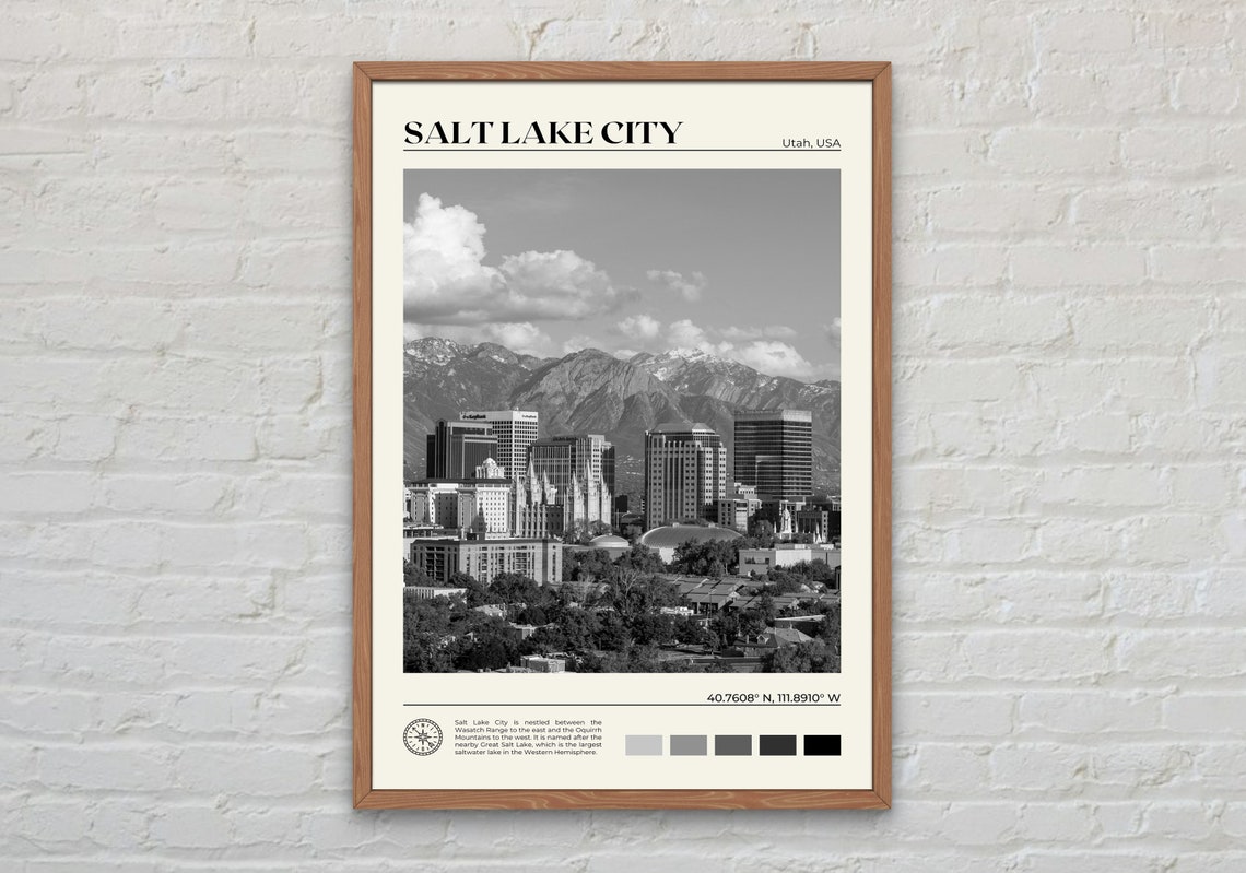 Black And White Salt Lake City Print Salt Lake City Wall Art Salt Lake City Poster Salt Lake City Photo Salt Lake City Decor Usa