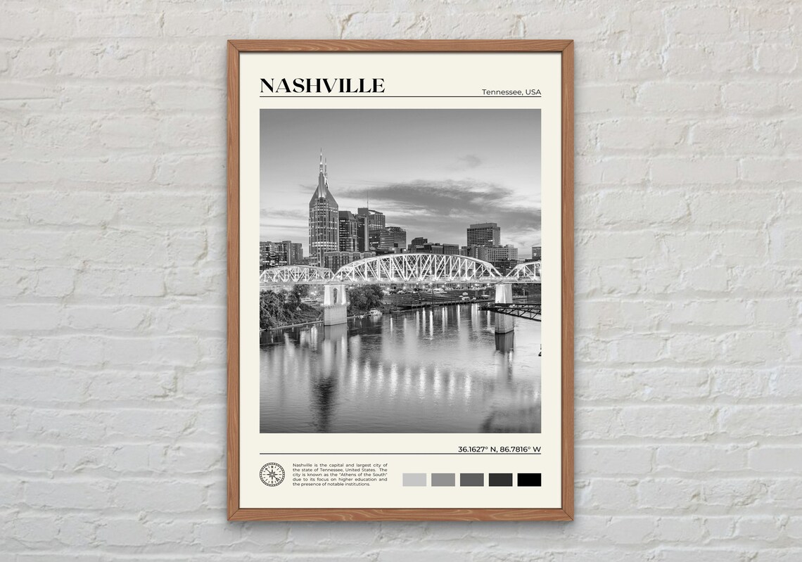 Nashville Black And White Travel Poster Print