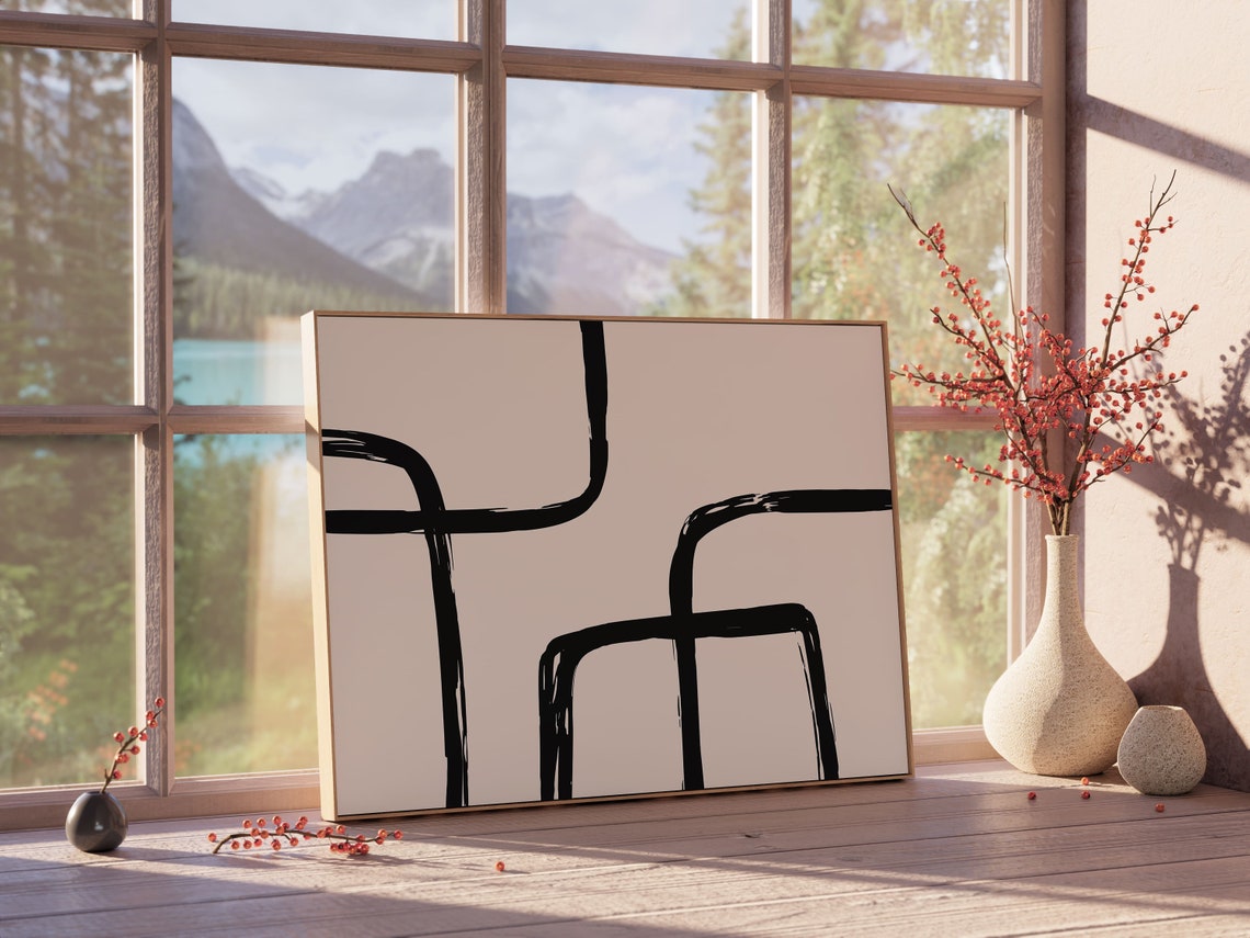 Minimalist Black Brushstroke Curves On Beige Neutral Modern Art Print - Image 2